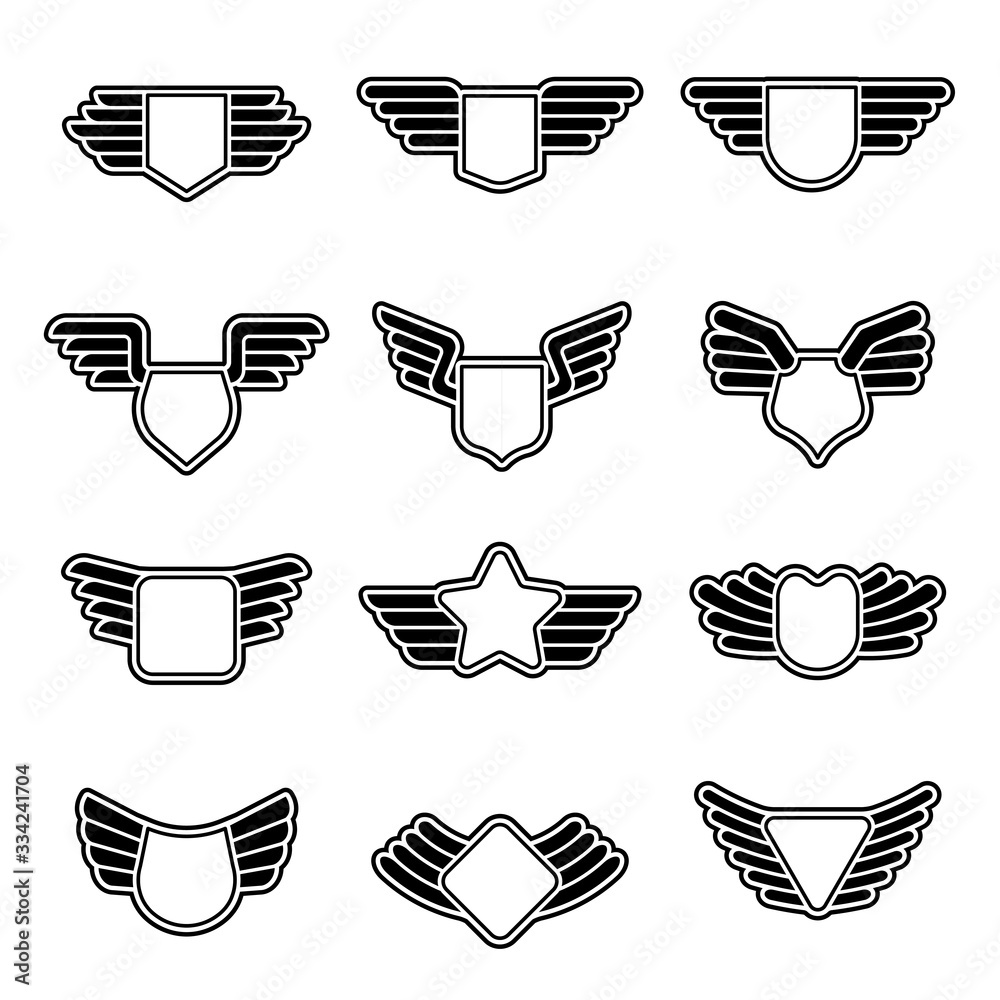 Wall mural wings badges. stylized geometrical army shields empty aviation emblems with symbols of wings vector 