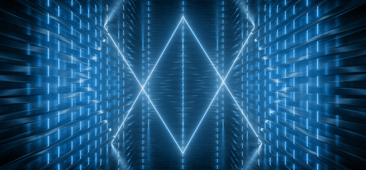 Fototapeta na wymiar Neon Glowing Reflective Triangle Empty TUnnel Corridor Synthwave Background Blue Electric Laser Beams Alien Spaceship Cyber 3D Rendering