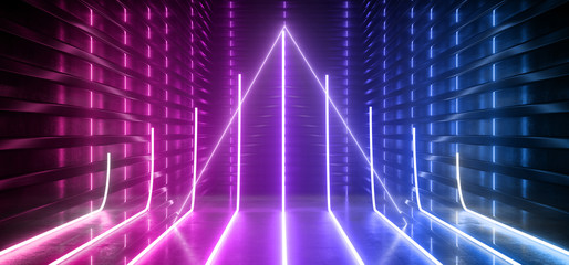 Neon Glowing Reflective Triangle Empty TUnnel Corridor Synthwave Background Purple Red Blue Electric Laser Beams Alien Spaceship Cyber 3D Rendering