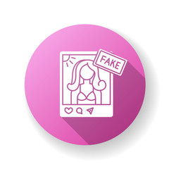 Fake influencer pink flat design long shadow glyph icon. Fraud blogger profile. Mislead with photo in account. Deception with social media page. Female model. Silhouette RGB color illustration
