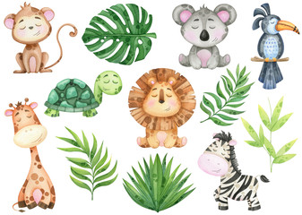 big watercolor set of tropical animals and leaves on white background - obrazy, fototapety, plakaty