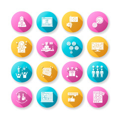 Social media promotion flat design long shadow glyph icons set. Barter of products. Mass effect. Native integration. Target marketing. Lifestyle blogger. Silhouette RGB color illustration