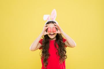 happy easter. Egg hunt on spring holiday. Holiday celebration and preparation. Kid with painted eggs. Easter Eggs - Recipes and Cooking. small girl child wear bunny ears. Delicious Easter treats