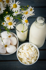Obraz na płótnie Canvas milk, a plate of cottage cheese, white chicken eggs, a bouquet of flowers , daisies on a gray wooden background, dairy protein products