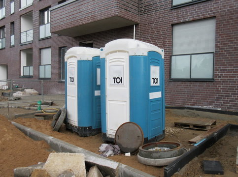  Mobile toilets cabins, dixie closet. WC
Toilets for construction workers on a construction site in front of a building
