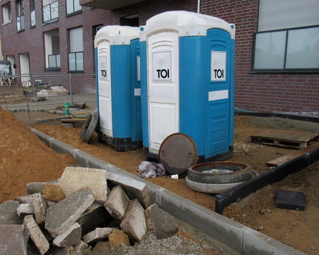  Mobile toilets cabins, dixie closet. WC
Toilets for construction workers on a construction site in front of a building
