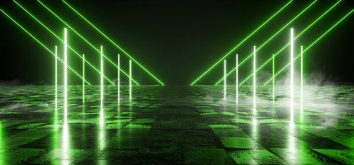Smoke Sci Fi Alien Triangle Futuristic Background Empty Rough Concrete Cement Tiled Texture Glowing Green Laser Neon Lights Cyber Synthwave Warehouse Underground 3D Rendering