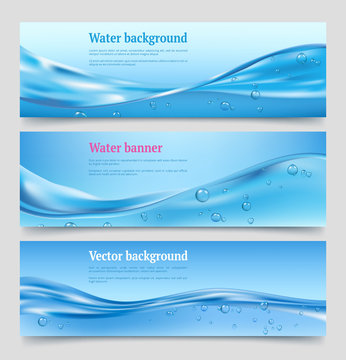 Water splashes banners. Liquid flowing waters with bubbles water purifier vector clean eco concept. Liquid water blue wave, banner flowing motion illustration