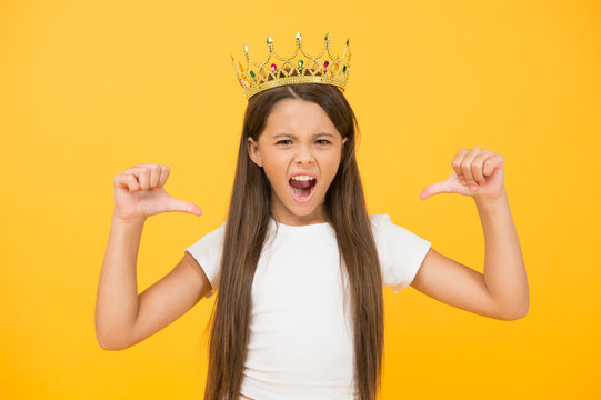 Better than you. Narcissistic complex. Having fun. Self esteem. Kids psychology. International childrens day. Superior princess. Playful princess girl. Schoolgirl princess golden crown. Queen concept