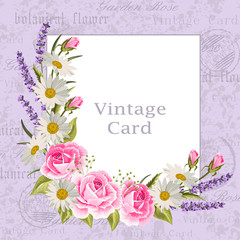 Beautiful flowers for invitation card. Vintage postcard background. Vector illustration