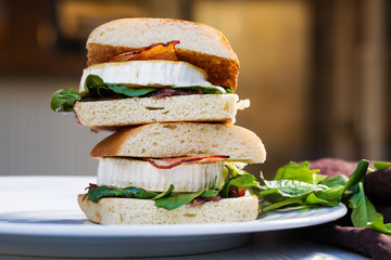 Ciabatta sandwich with fresh goat cheese, bacon and spinach.
