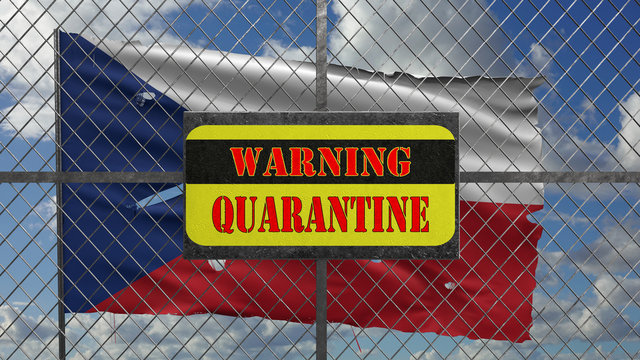 3d Illustration of iron gate with message "warning quarantine". Ragged Czech flag is waving in the wind.