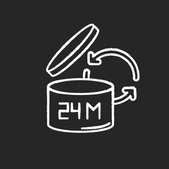 Product shelf life chalk white icon on black background. Cosmetics expiration date, merchandise safe use and consumption period. Open lid packaging. Isolated vector chalkboard illustration