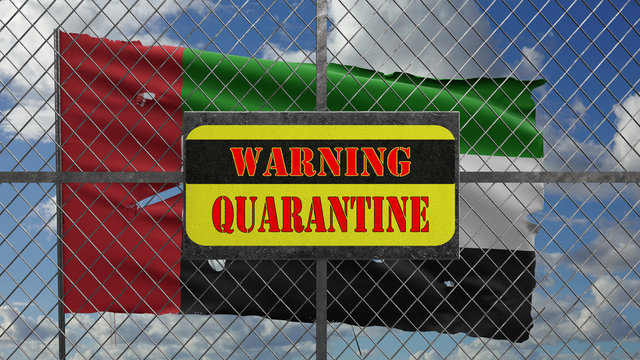 3d Illustration of iron gate with message "warning quarantine". Ragged UAE flag is waving in the wind.