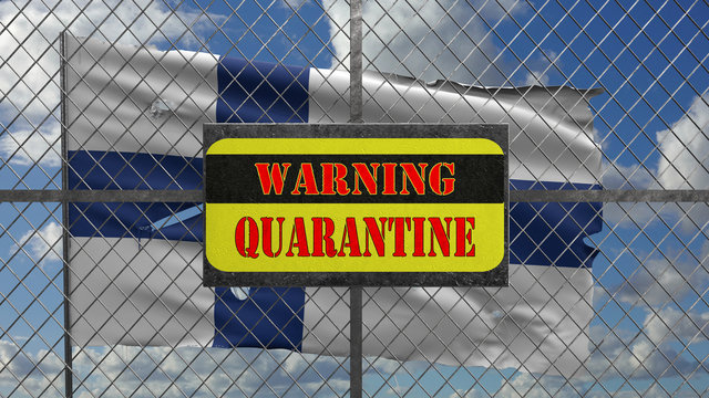 3d Illustration of iron gate with message "warning quarantine". Ragged Finnish flag is waving in the wind.