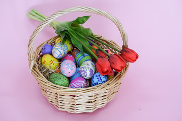 THe painted colorful Easter egg in the basket on the pink background copyspace to celebrate the traditional festival