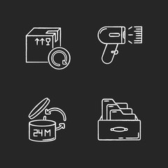 Merchandise quality accounting and control chalk white icons set on black background. Goods shelf life checking, barcode scanning. Product selling and return. Isolated vector chalkboard illustrations