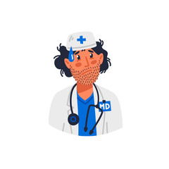 Fototapeta premium Doctor. Tired doctor in medical gownwith Stubble on face. Medical team in conditions of coronavirus pandemic, covd-19 quarantine. Flat style vector illustration.
