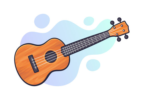 Vector illustration. Classical acoustic guitar or ukulele. String plucked musical instrument. Blues or rock equipment. Clip art with contour for graphic design. Isolated on white background