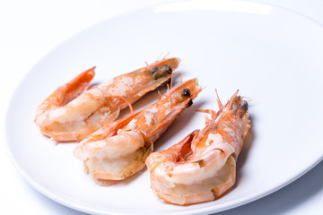 Steamed Prawns Shrimps big on plate on white background
