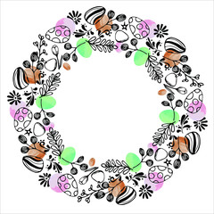 round frame, wreath with an ornament of Easter eggs, leaves and branches. Drawn in ink in the style of doodle, zenart, decorated with watercolor stains of turquoise and orange