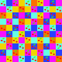 Cute cherry seamless pattern for textile, wrapping, wallpapers, etc. Sweet red ripe cherries on pink, purple block background. Vector illustration.