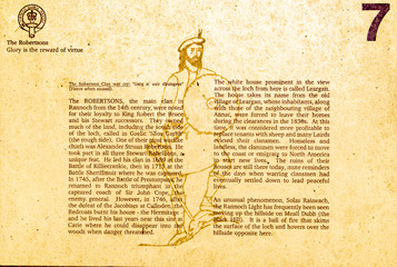 Obraz premium An image of board number 7, an information sign on the Clan trail around Loch Rannoch in Perth and Kinross, Scotland.