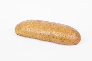 Fresh bakery product. Bread. Yeast bran loaf isolated on white background. Top view and copy space for text.