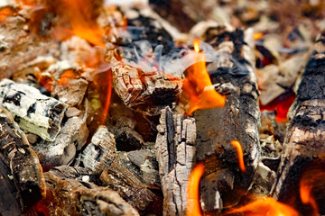 a Fire with coals and fire on nature picnic background. Burns out a bonfire for food on the street