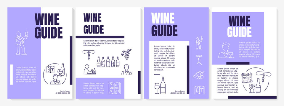 Wine guide brochure template. Expert sommelier with glass of drink. Flyer, booklet, leaflet print, cover design with linear icons. Vector layouts for magazines, annual reports, advertising posters