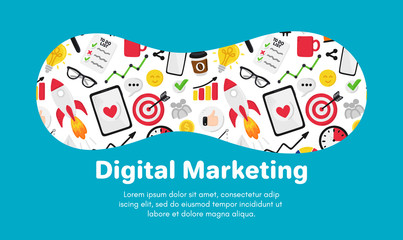 Vector background with smm elements. Social Media Marketing. Reach and promotion among target audience. Landing page, banner, mailing, presentation, header. Advertising for marketers, digital agency