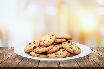 The plate of delicious chocolate chip cookies