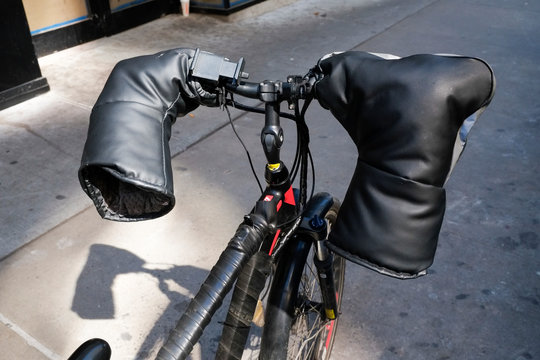 Protective gloves on NYC bike. Covid 19
