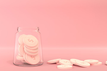 Dollar coins in the glass on pink background, saving money concept with 3D rendering