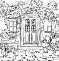 Coloring page book. Adult coloring with rural exterior