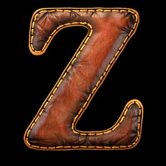 Leather letter Z uppercase. 3D render font with skin texture isolated on black background.