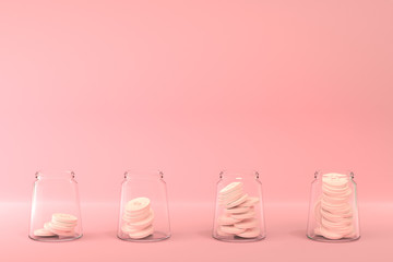 Dollar coins in the glass on pink background, saving money concept with 3D rendering