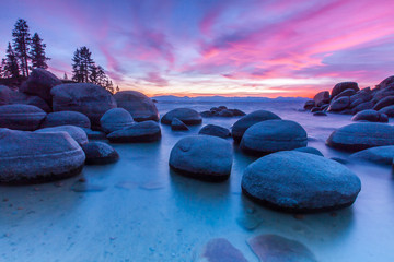 Sunset Over Rocky Cove at Sand Harbor, Lake Tahoe, Nevada, USA - obrazy, fototapety, plakaty