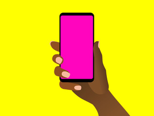 Female hand shows smartphone with blank green display. Woman hold cell phone in arm. Presentation template for mobile application or service. Isolated flat design closeup. Vector EPS8 illustration.