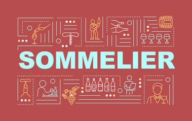 Sommelier word concepts banner. Specialist to determine premium quality wine. Infographics with linear icons on red background. Isolated typography. Vector outline RGB color illustration