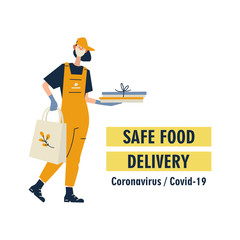 Safe food delivery. Courier delivering grocery order to the home of customer with mask and gloves during the coronavirus pandemic.  Flat cartoon vector illustration on white background.