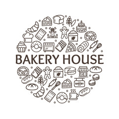 Bakery Signs Round Design Template Thin Line Icon Concept. Vector