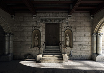 Monumental entrance with ancient wooden gothic doorway with sculptures, 3d rendering, 3d illustration