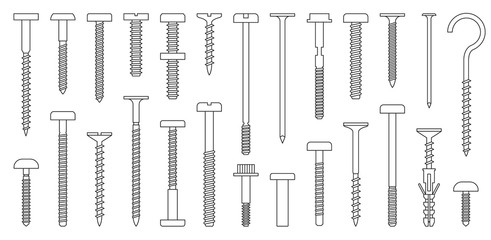 Metal fasteners outline vector set icon.Vector illustration isolated, icon metal screw and bolt on white background .outline set screw and bolt. - obrazy, fototapety, plakaty