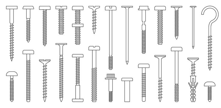 Metal fasteners outline vector set icon.Vector illustration isolated, icon metal screw and bolt on white background .outline set screw and bolt.