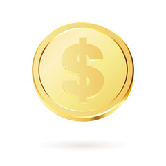 Gold coin with dollar currency sign, symbol.