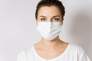 Young woman is wearing a face mask for protection against virus