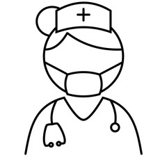 Female doctor wearing a hat, surgical mask and stethoscope. Vector illustration in black and white. Icon for websites and mobile applications.