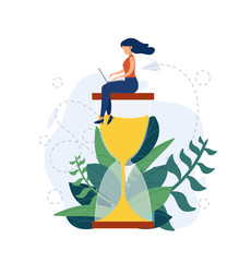 Businesswoman work on the hourglass relaxed and concentrated. Business concept of time management and workaholic meeting deadline. Vector illustration.