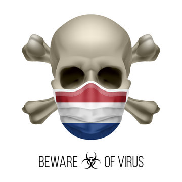 Human Skull with Crossbones and Surgical Mask in the Color of National Flag Netherlands. Mask in Form of the Dutch Flag and Skull as Concept of Dire Warning that the Viral Disease Can be Fatal
